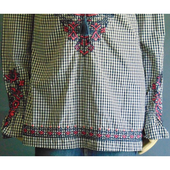 3J Workshop Johnny Was Navy Check Pink Floral Embroidery Off Shoulder Top Sm - Picture 4 of 12